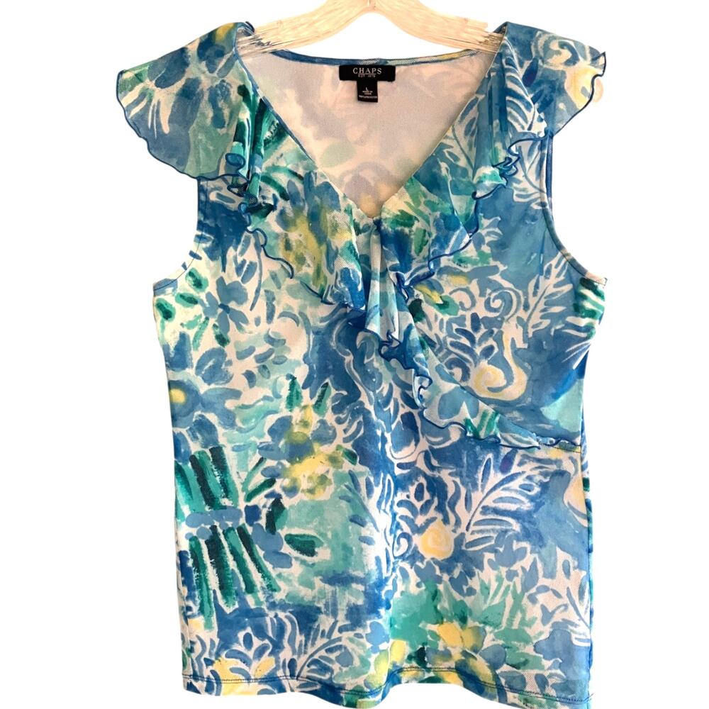 Chaps Mesh Ruffle V-Neck Flutter Sleeve Top Tropical Festival Romantic L
